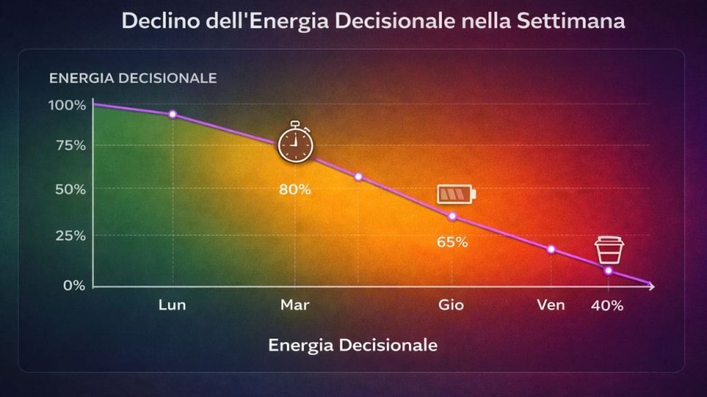 Declino energia decisionale settimana - 100% lunedì a 40% venerdì.
Grafico stanchezza decisionale cumulativa imprenditori.