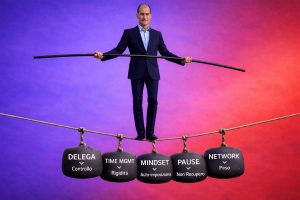Gestione stress imprenditori - Imprenditore in equilibrio su corda con 5 pesi che diventano trappole: delega, time management, mindset, pause, network