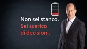 Stanchezza decisionale imprenditori - Gaspare Battaglia con icona batteria scarica energia mentale. Concept visual decision fatigue e perdita lucidità sotto pressione.
