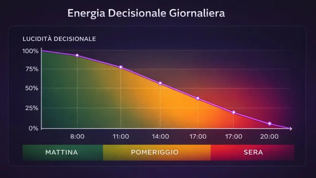 Grafico energia decisionale giornaliera imprenditori -
declino lucidità da 100% (ore 8) a 0% (ore 20).
Zone mattina (verde), pomeriggio (giallo), sera (rosso).
Stanchezza decisionale visualizzata.